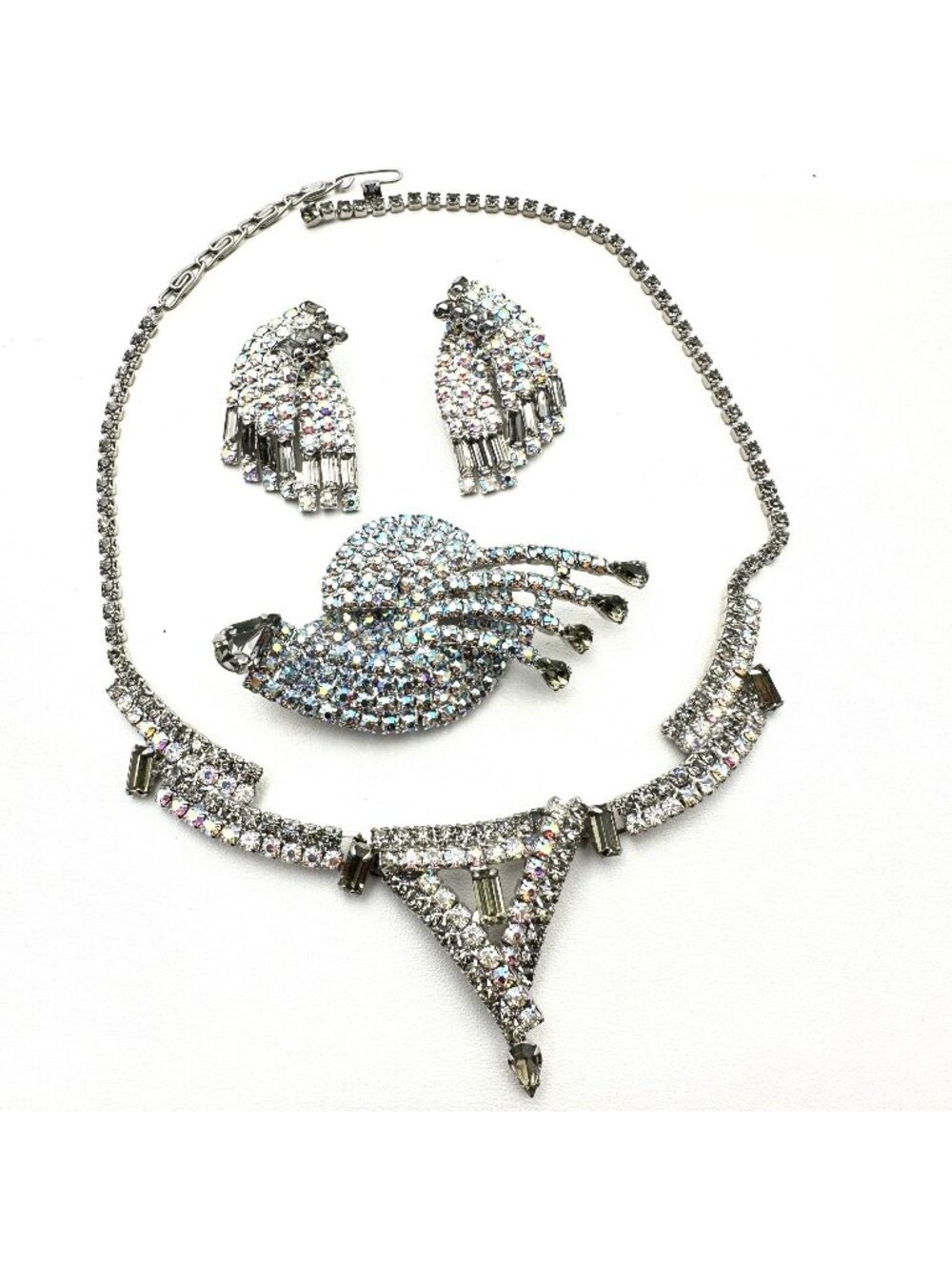 Vintage Aurora Borealis Glass Rhinestone Silver Necklace Brooch Earrings Set